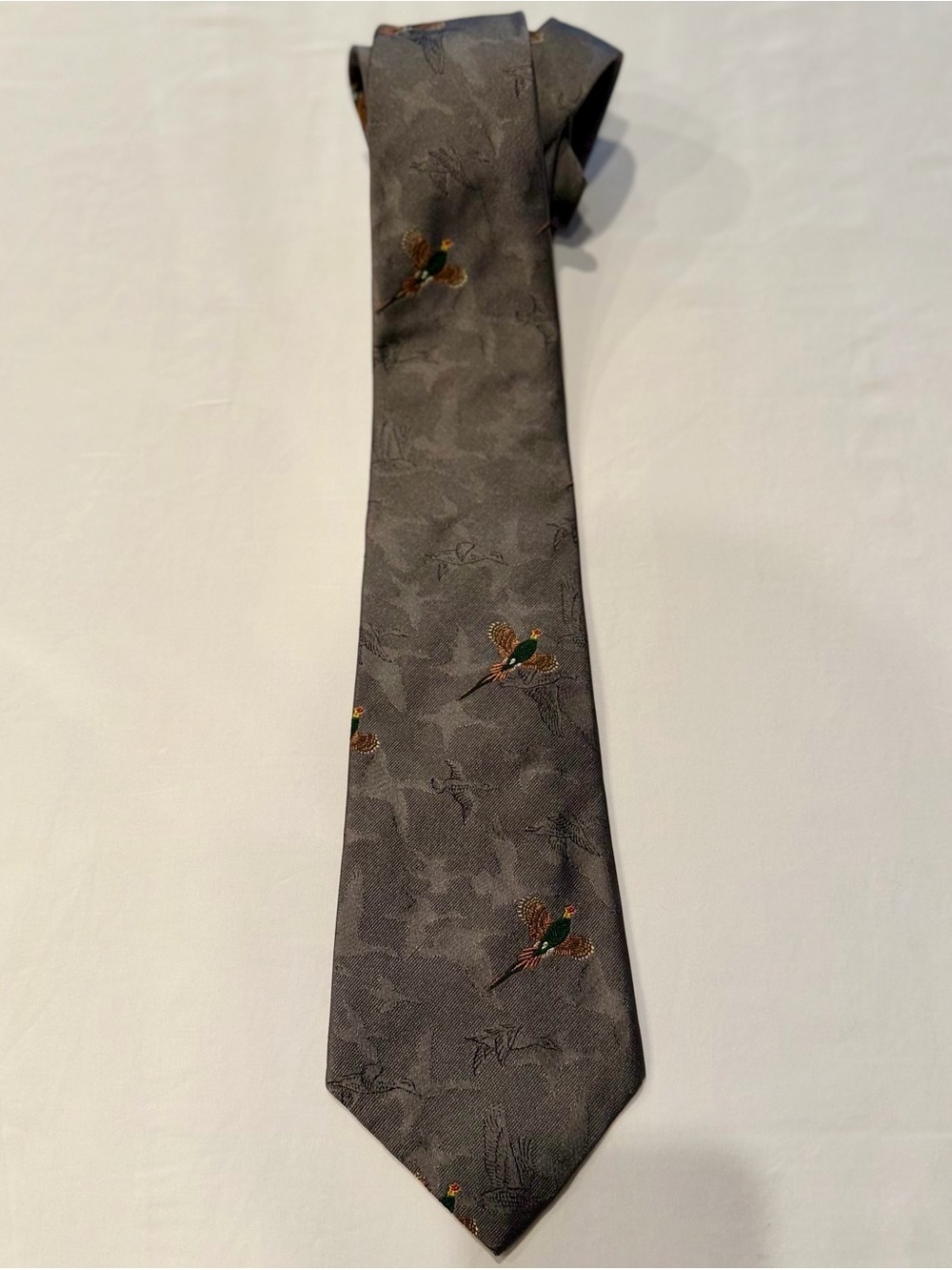 Polo by Ralph Lauren Gray Silk Tie with Embroidered Pheasants